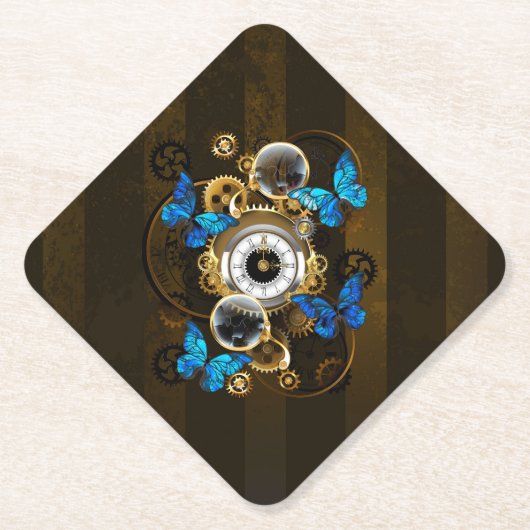 Steampunk Gears en Blue Butterflies Kartonnen Onderzetters (Voorkant)