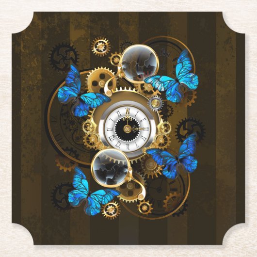 Steampunk Gears en Blue Butterflies Kartonnen Onderzetters (Voorkant)