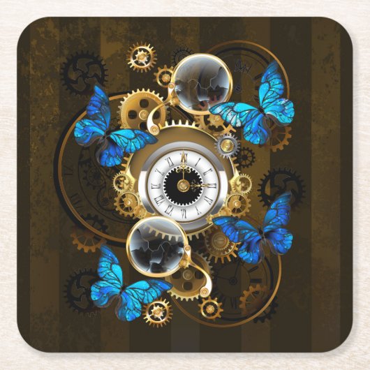 Steampunk Gears en Blue Butterflies Kartonnen Onderzetters (Voorkant)
