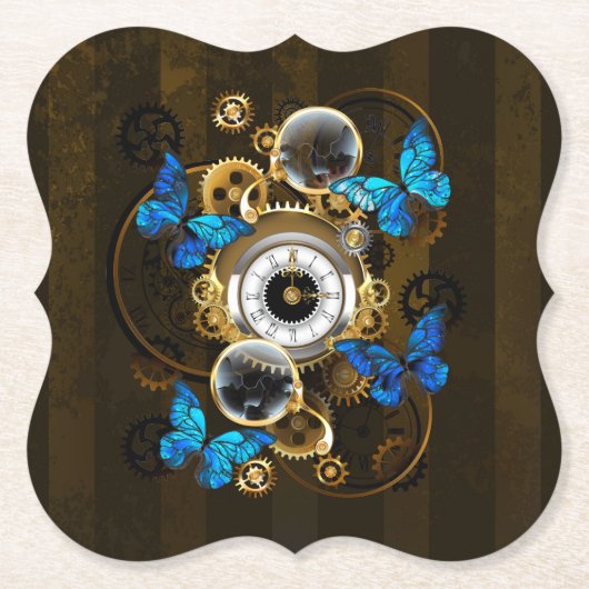 Steampunk Gears en Blue Butterflies Kartonnen Onderzetters (Voorkant)