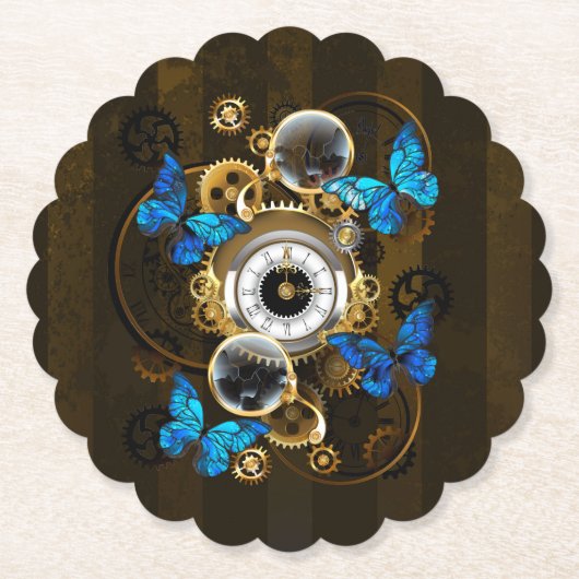 Steampunk Gears en Blue Butterflies Kartonnen Onderzetters (Voorkant)
