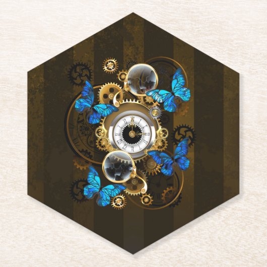 Steampunk Gears en Blue Butterflies Kartonnen Onderzetters (Voorkant)