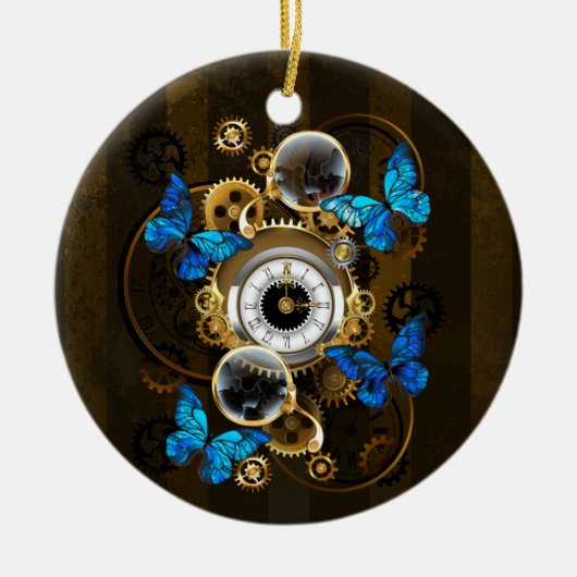 Steampunk Gears en Blue Butterflies Keramisch Ornament (Voorkant)