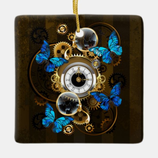 Steampunk Gears en Blue Butterflies Keramisch Ornament (Voorkant)
