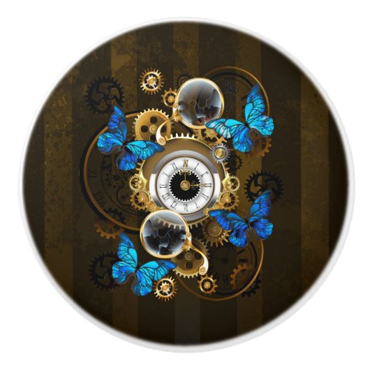 Steampunk Gears en Blue Butterflies Keramische Knop (Voorkant)