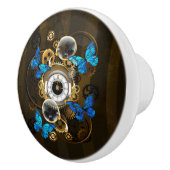 Steampunk Gears en Blue Butterflies Keramische Knop (Rechts)