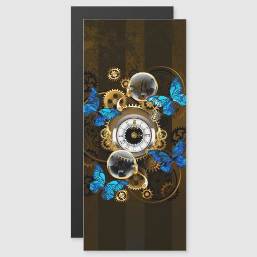 Steampunk Gears en Blue Butterflies Magnetische Uitnodiging (Voorkant / Achterkant)