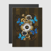 Steampunk Gears en Blue Butterflies Magnetische Uitnodiging (Voorkant / Achterkant)