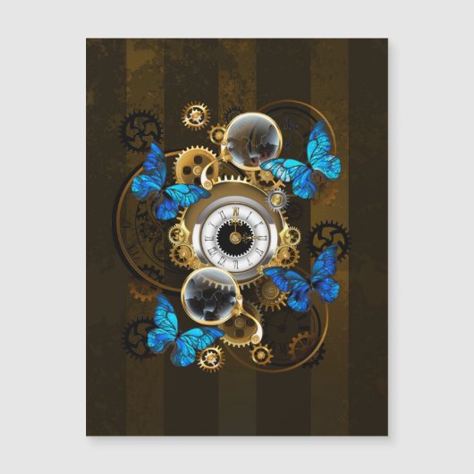 Steampunk Gears en Blue Butterflies Magnetische Uitnodiging (Voorkant)