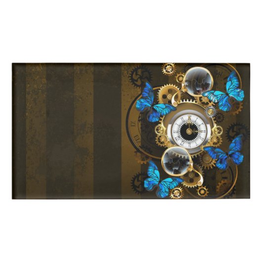 Steampunk Gears en Blue Butterflies Naambadge (Voorkant)