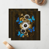Steampunk Gears en Blue Butterflies Notitiekaartje (Voorkant / Achterkant in situ)