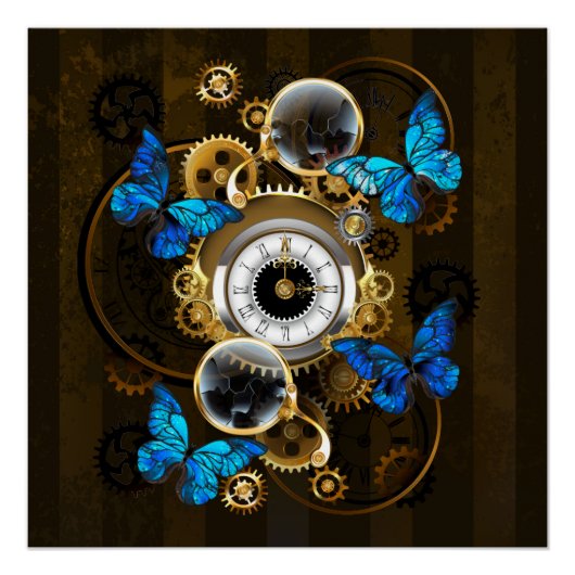 Steampunk Gears en Blue Butterflies Perfect Poster (Voorkant)
