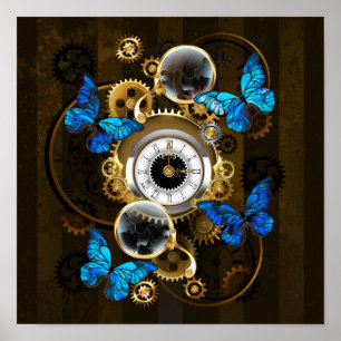 Steampunk Gears en Blue Butterflies Poster