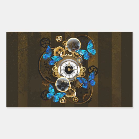 Steampunk Gears en Blue Butterflies Rechthoekige Sticker (Voorkant)