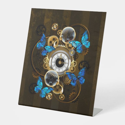 Steampunk Gears en Blue Butterflies Reclamebord Met Voetstuk (Voorkant)