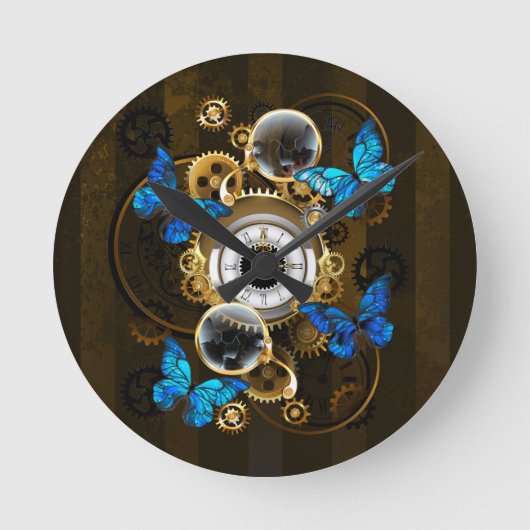 Steampunk Gears en Blue Butterflies Ronde Klok (Voorkant)