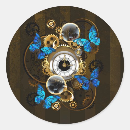 Steampunk Gears en Blue Butterflies Ronde Sticker (Voorkant)