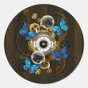 Steampunk Gears en Blue Butterflies Ronde Sticker