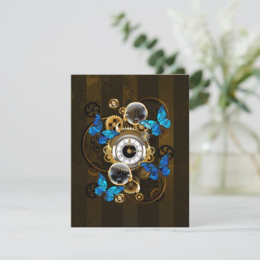 Steampunk Gears en Blue Butterflies RSVP Kaartje (Staand voorkant)