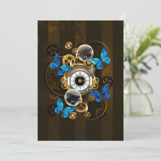 Steampunk Gears en Blue Butterflies Save The Date (Staand voorkant)