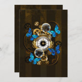 Steampunk Gears en Blue Butterflies Save The Date (Voorkant / Achterkant)