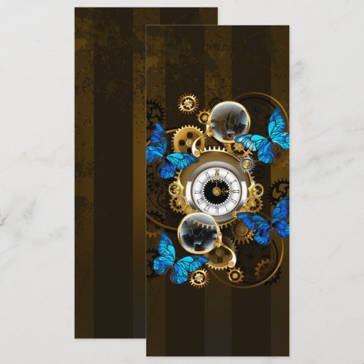 Steampunk Gears en Blue Butterflies Save The Date (Voorkant / Achterkant)