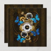 Steampunk Gears en Blue Butterflies Save The Date (Voorkant / Achterkant)