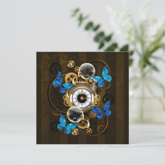 Steampunk Gears en Blue Butterflies Save The Date (Staand voorkant)