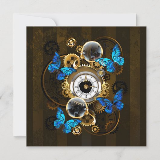 Steampunk Gears en Blue Butterflies Save The Date (Voorkant)