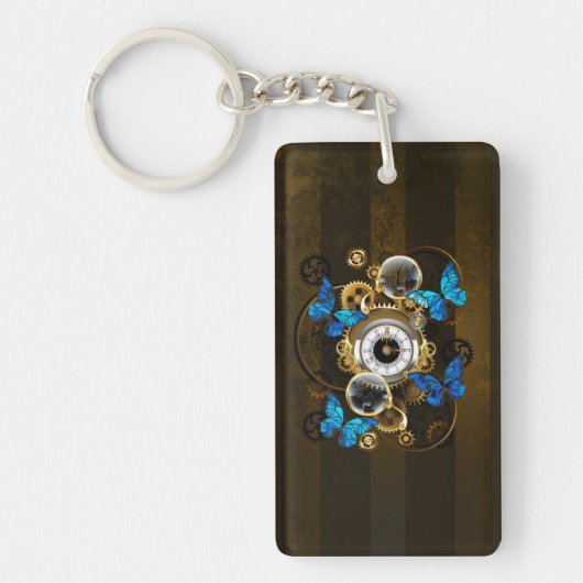 Steampunk Gears en Blue Butterflies Sleutelhanger (Voorkant)