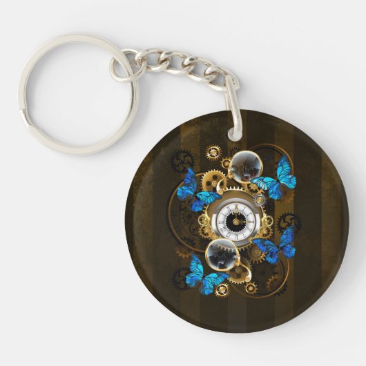 Steampunk Gears en Blue Butterflies Sleutelhanger (Voorkant)
