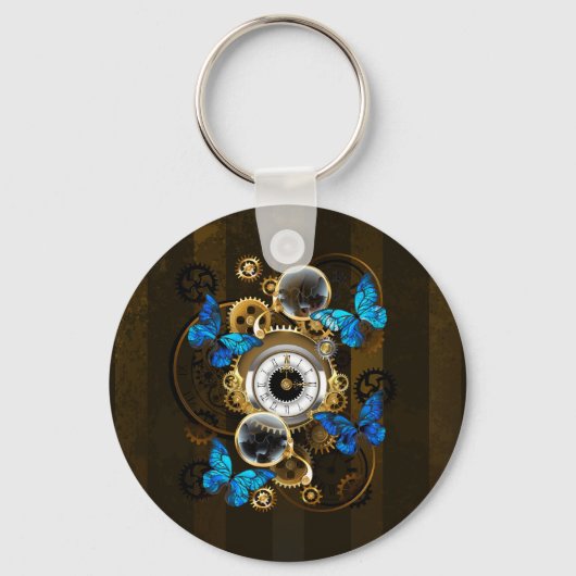 Steampunk Gears en Blue Butterflies Sleutelhanger (Voorkant)