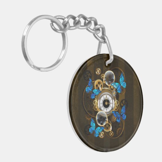 Steampunk Gears en Blue Butterflies Sleutelhanger (Voorkant Links)