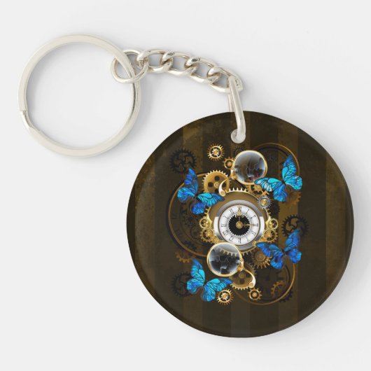 Steampunk Gears en Blue Butterflies Sleutelhanger (Voorkant)