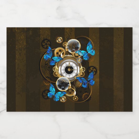 Steampunk Gears en Blue Butterflies Sparkling Wijnetiket (Enkel label)