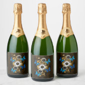Steampunk Gears en Blue Butterflies Sparkling Wijnetiket (Flessen)