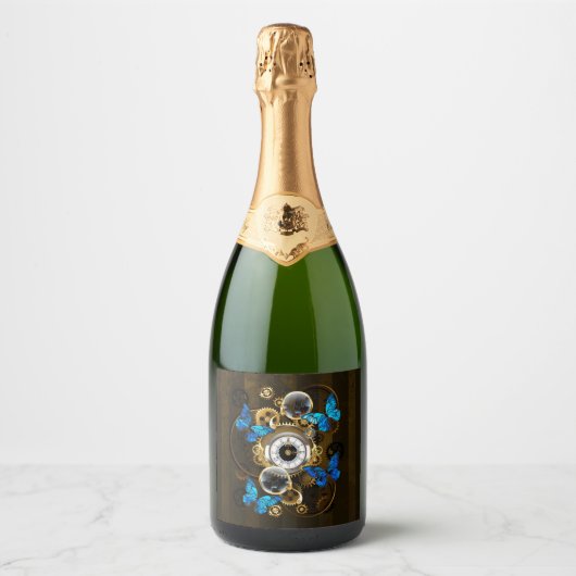 Steampunk Gears en Blue Butterflies Sparkling Wijnetiket (Voorkant)