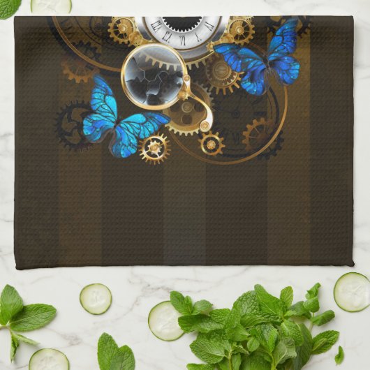 Steampunk Gears en Blue Butterflies Theedoek (Gevouwen)