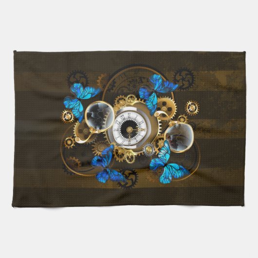 Steampunk Gears en Blue Butterflies Theedoek (Horizontaal)