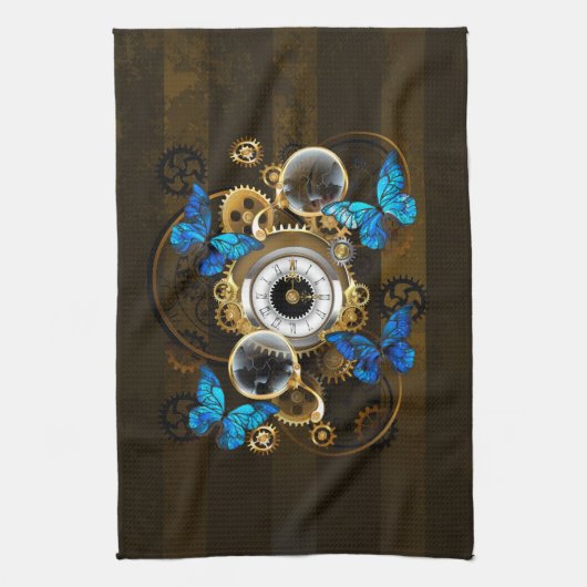 Steampunk Gears en Blue Butterflies Theedoek (Verticaal)