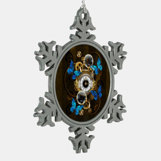 Steampunk Gears en Blue Butterflies Tin Sneeuwvlok Ornament (Links)