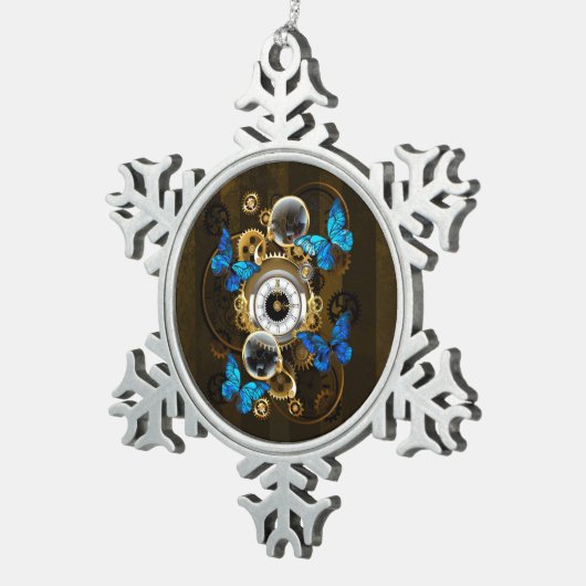 Steampunk Gears en Blue Butterflies Tin Sneeuwvlok Ornament (Rechts)