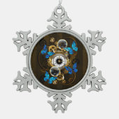 Steampunk Gears en Blue Butterflies Tin Sneeuwvlok Ornament (Voorkant)