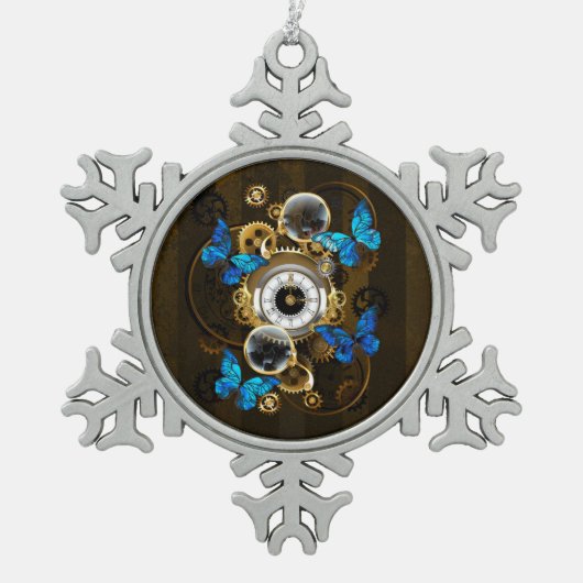 Steampunk Gears en Blue Butterflies Tin Sneeuwvlok Ornament (Voorkant)
