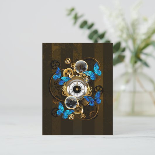 Steampunk Gears en Blue Butterflies Uitnodiging Briefkaart (Staand voorkant)