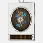 Steampunk Gears en Blue Butterflies Verzilverd Banner Ornament (Links)