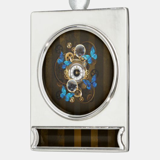 Steampunk Gears en Blue Butterflies Verzilverd Banner Ornament (Links)