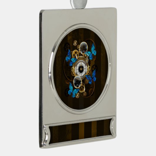 Steampunk Gears en Blue Butterflies Verzilverd Banner Ornament (Rechts)