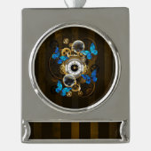 Steampunk Gears en Blue Butterflies Verzilverd Banner Ornament (Voorkant)