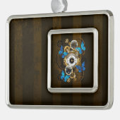 Steampunk Gears en Blue Butterflies Verzilverd Omlijst Ornament (Links)